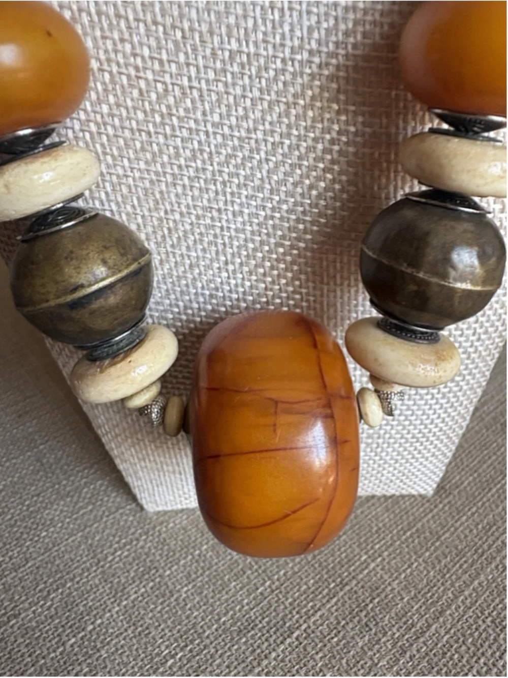 Vtg African Copal Amber Resin Bead Necklace Chunky Tribal Bone Brass Statement